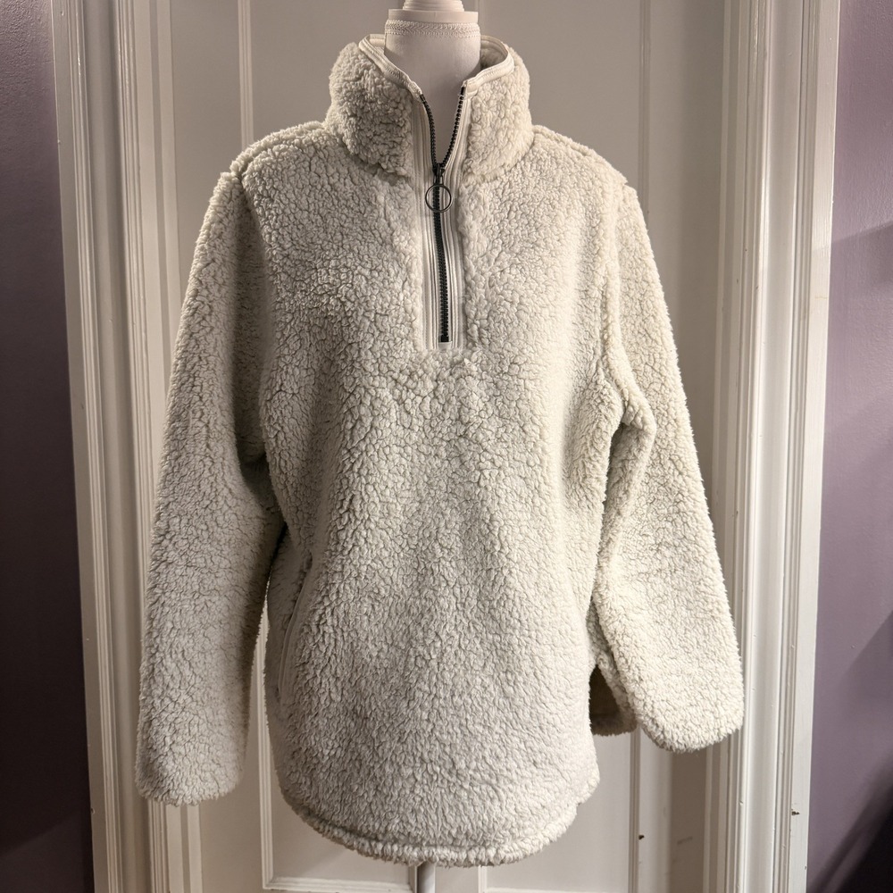 Cozy Sherpa Women's White Quarter Zip ‎ Pullover with front pocket size Large